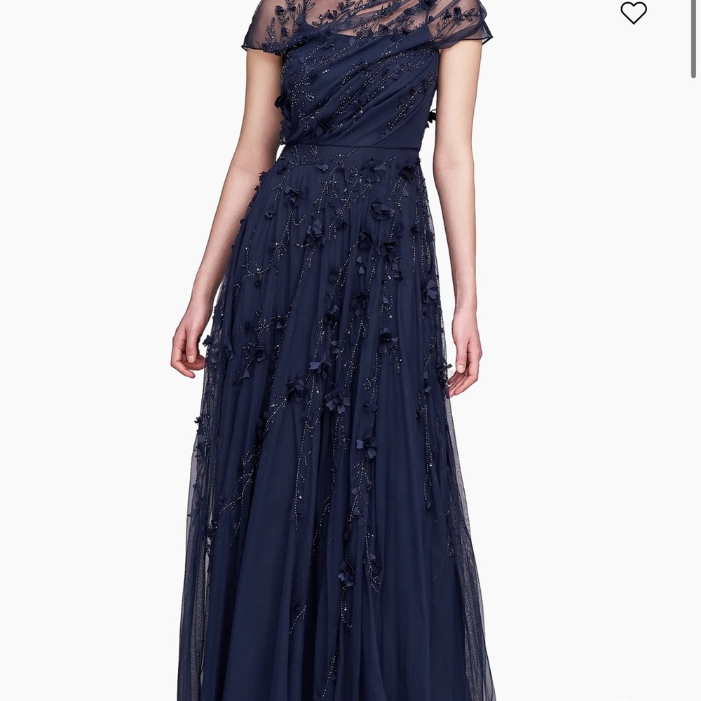 Theia Valerie Embroidered Evening Gown Navy Blue